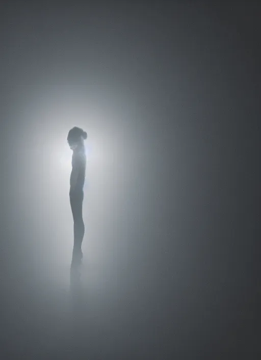 Image similar to a female silhouette, white glowing aura, diffraction grading, fog, film grain, cinematic lighting