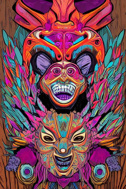 Image similar to animal mask totem roots flower tribal feather gemstone plant wood rock shaman vodoo video game vector cutout illustration vivid multicolor borderlands comics by josan gonzales and dan mumford radiating a glowing aura