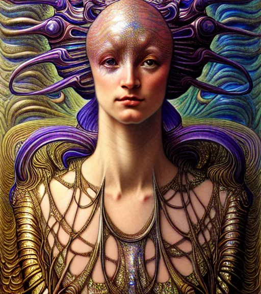 Image similar to detailed realistic iridescent beautiful young cher cyber alien queen of mandelbulb portrait by jean delville, gustave dore and marco mazzoni, art nouveau, symbolist, visionary, baroque. horizontal symmetry by zdzisław beksinski, iris van herpen, raymond swanland and alphonse mucha. highly detailed, hyper - real, beautiful