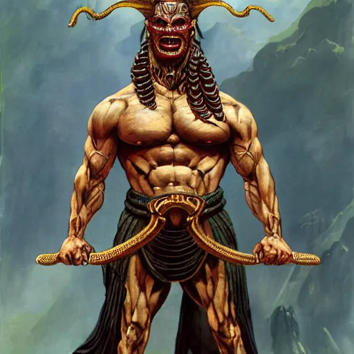 Image similar to serpent - man warlord wearing bronze age clothing, bodybuilder snake, anatomical, horrific background symmetrical, zoom out, high quality, high definition, 8 k, photograph photorealistic by frank frazetta