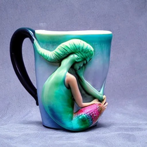 Image similar to a ceramic realistic mermaid sculpture mug, creative, beautiful, award winning design, functional, colorful