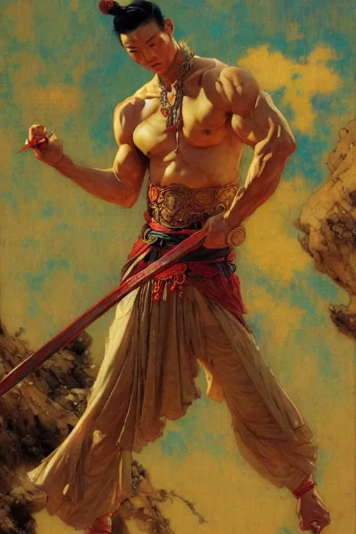 Image similar to wuxia, muscular male, character design, ancient china, colorful, painting by gaston bussiere, craig mullins, j. c. leyendecker, tom of finland