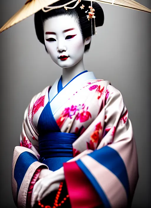 Image similar to Geisha extreme closeup photo portrait, beautiful pale makeup, pearlescent skin, elegant pose, very detailed, highly detailed kimono, photorealism, artstation, different point of view, sharp focus, photorealistic, soft diffuse autumn lights, some sunlight ray, dark room wall, canon 5D 50 mm lens, zen natural background