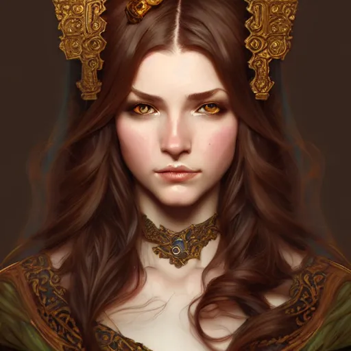 Prompt: aristocrat, female, d & d, fantasy, intricate, elegant, highly detailed, brown hair, digital painting, artstation, octane render, concept art, matte, sharp focus, illustration, hearthstone, art by artgerm, alphonse mucha johannes voss