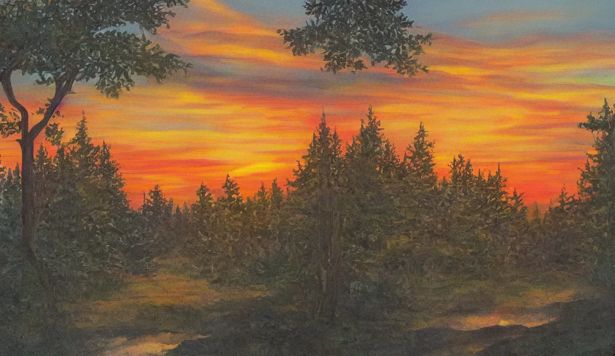Image similar to a painting of a sunset with a forest on the left, a crystalline stream in the center and a wooden house on the right