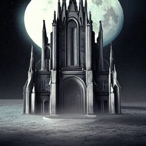 Prompt: a beautiful detailed 3 d matte cathedral on the moon, ominous, magical realism, texture, intricate, skull, skeleton, whirling smoke radiant colors, fantasy, volumetric lighting, high details