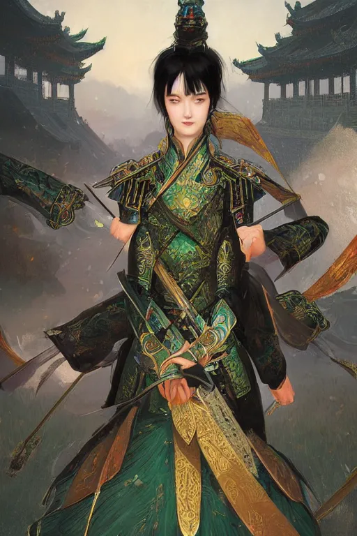 Prompt: portrait black hair young knights of Dynasty Warriors girl, metallic green armor, in ruin fire chinese palace sunrise, ssci-fi and fantasy, intricate and very beautiful and elegant, digital painting, artstation, concept art, smooth and sharp focus, illustration, art by tian zi and WLOP and alphonse mucha