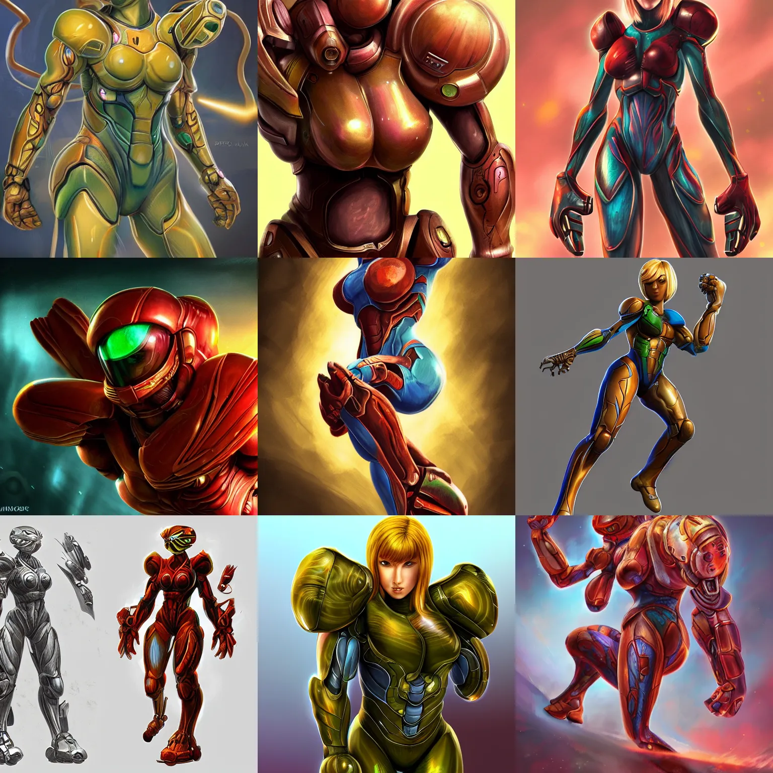 Prompt: Samus Aran,muscular upper body, metroid, intricate, highly detailed, digital painting, artstation, concept art, smooth, sharp focus, illustration