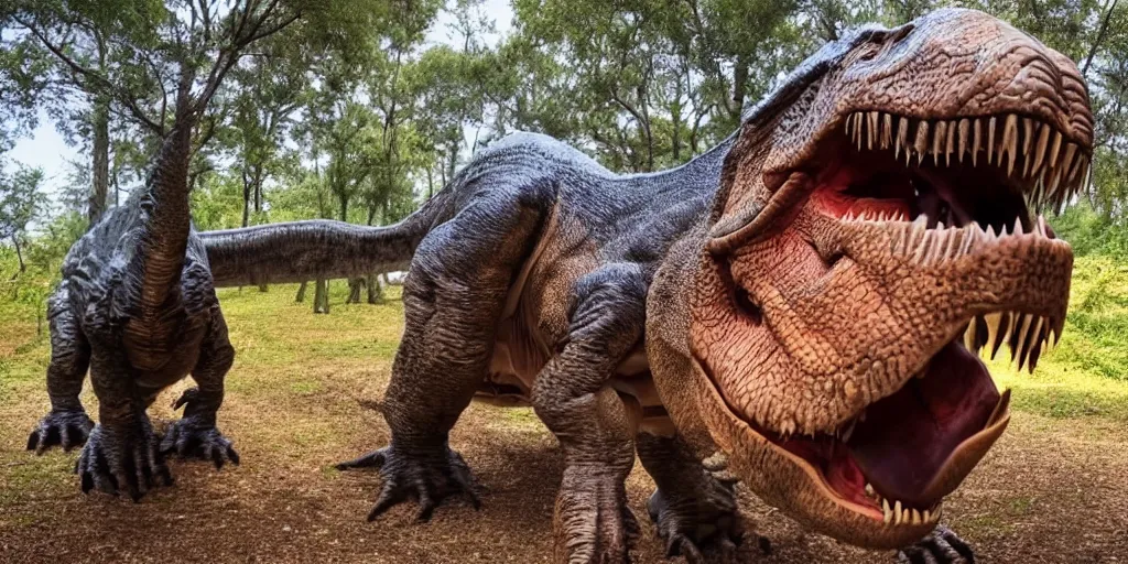 Image similar to huge t - rex looking directly into the camera with his snout almost touching the lens