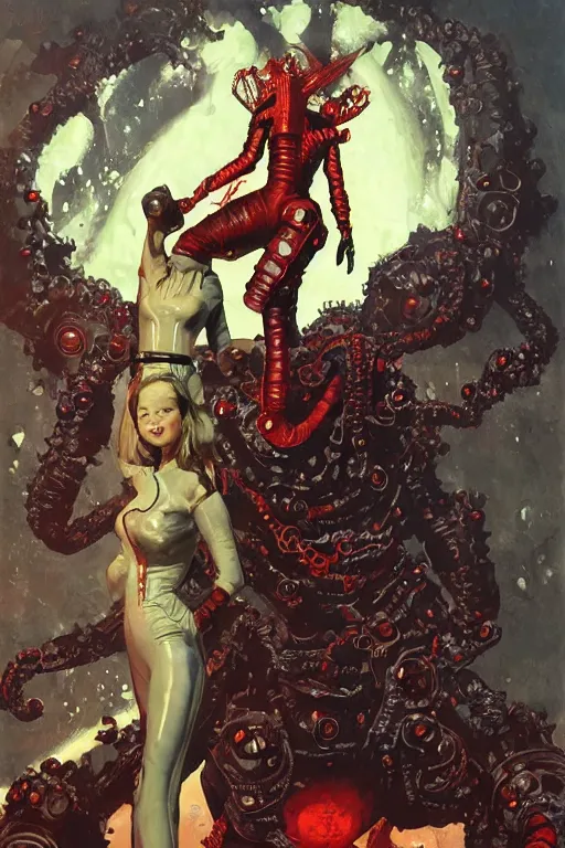 Prompt: iron fisted lovecraftian demon standing beside elegant lady wearing a latex spacesuit, by norman rockwell, jack kirby, jon berkey, earle bergey, craig mullins, ruan jia, jeremy mann, tom lovell, marvel, astounding stories, 5 0 s pulp illustration, scifi, fantasy, artstation creature concept