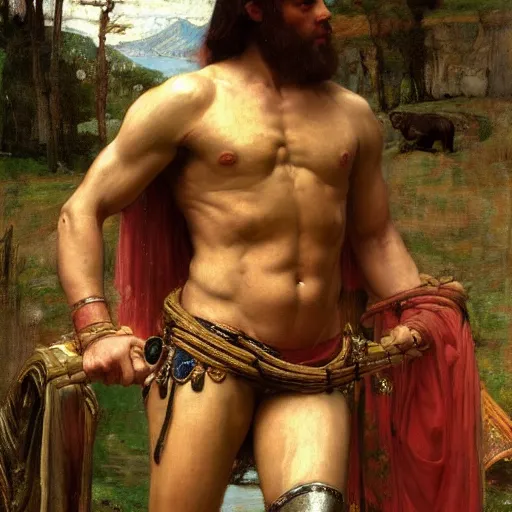 Prompt: Wikus, Centaur of the high glade. Half man half horse. Wearing Grecian armor. Orientalist portrait by john william waterhouse and Edwin Longsden Long and Theodore Ralli and Nasreddine Dinet, oil on canvas. Cinematic, hyper realism, realistic proportions, dramatic lighting, high detail 4k