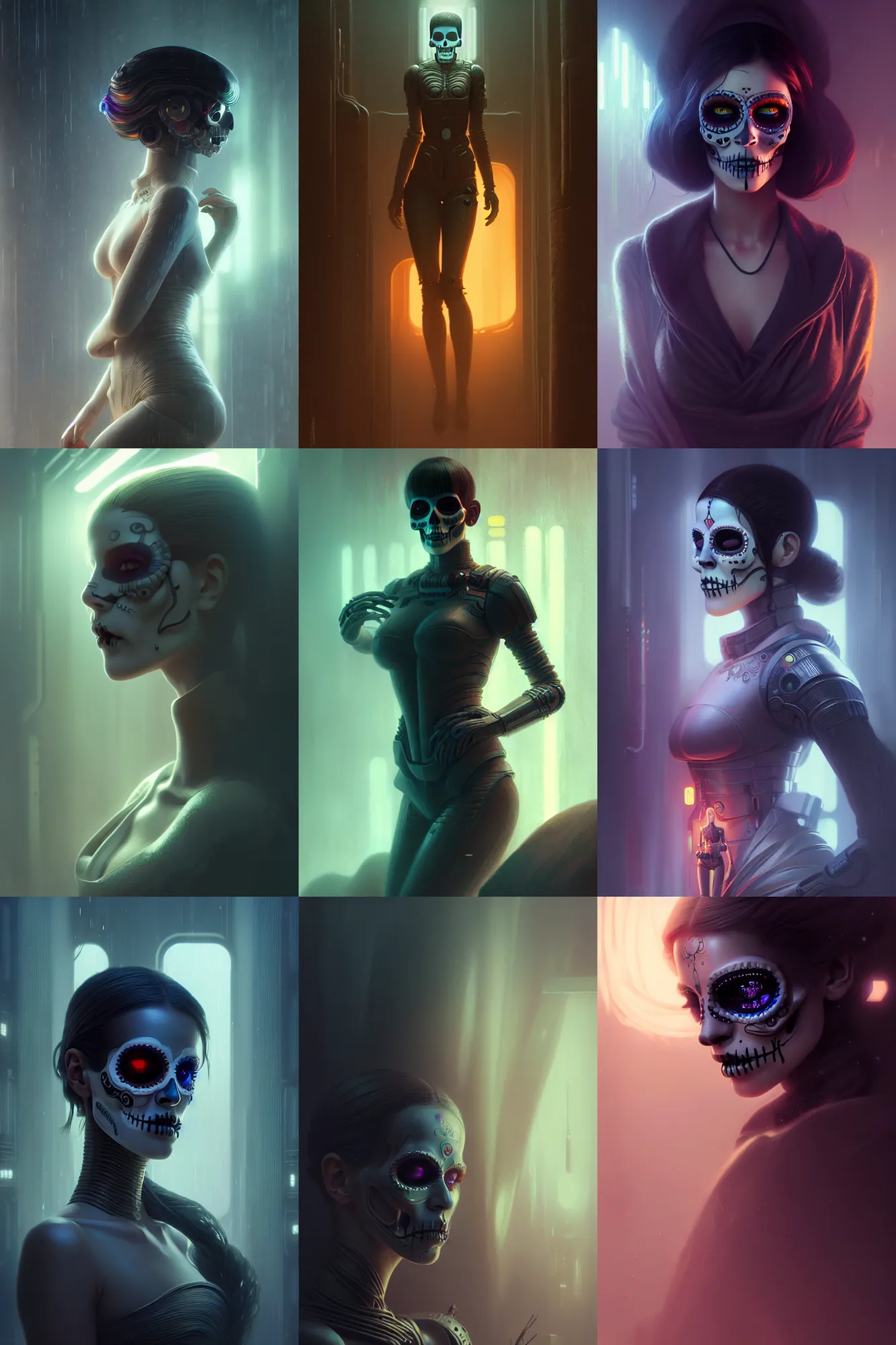 Prompt: beautiful female android!, intricate detailed environment, moody portrait, fog, global illumination, cinematic, ( el dia los muertos ), smooth, blade runner, photorealism, hd, 8 k, beautiful, cinematic, art by moebius and rutkowski and artgerm and mucha and loish and wlop