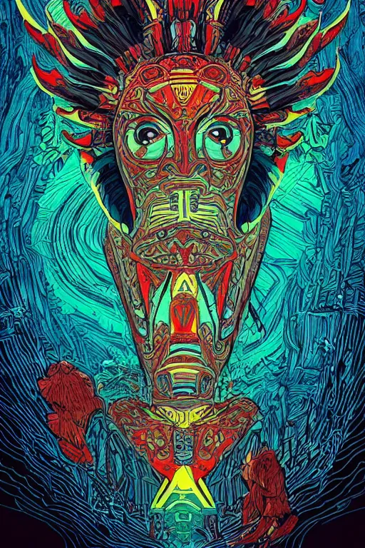 Image similar to totem animal tribal chaman vodoo mask feather gemstone plant video game illustration vivid color borderlands and by feng zhu and laurie greasley, victo ngai, andreas rocha, john harris radiating a glowing aura