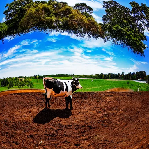 Prompt: a cow standing on a motocross track, fisheye lens