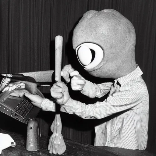 Image similar to a black and white photograph of a man beating a computer with a baseball bat, by gary baseman, robert crumb, jim henson, photorealistic, surreal, high contrast, film photography