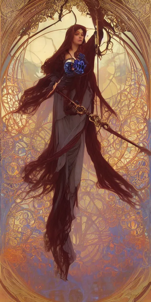 Image similar to Beautiful female wizard with blue rose velvet robes on a swing, wearing an intricate arcane makeup, searching for her soul, burning desire, epic cinematic, drama, action, digital art, art by Alphonse Mucha, Greg Rutkowski, Alex Ross, WLOP
