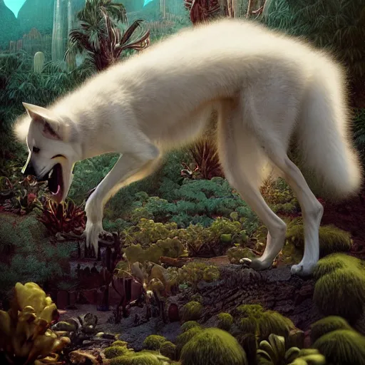 Image similar to white alaskan husky creature in a desert lush oasis, warm tones : : by guillermo del toro, daniel merriam, victo ngai and michal karcz : : ornate, dynamic, particulate, intricate, elegant, highly detailed, centered, artstation, smooth, sharp focus, octane render