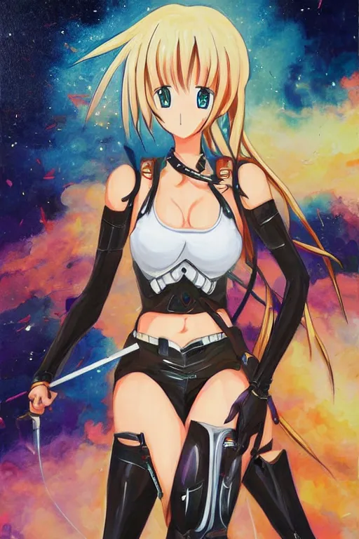 Image similar to a detailed painting in the style of anime of a galactic female warrior