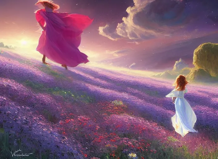 Image similar to a alone princess walks through a vast flower field in the cosmic sky by vladimir volegov and alexander averin and peder mørk mønsted and ross tran and raphael lacoste