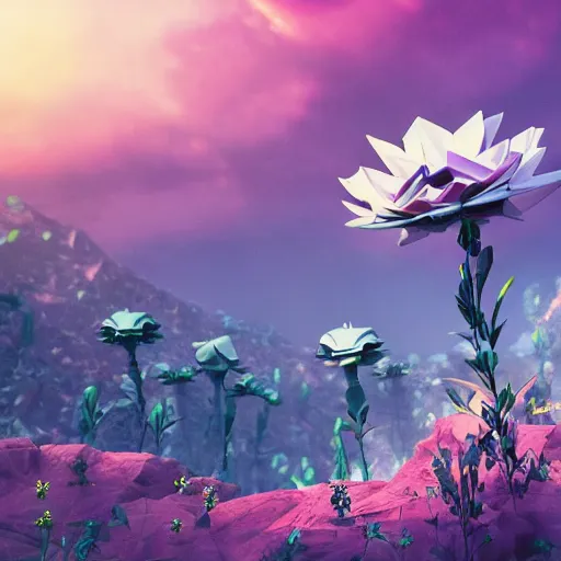 Image similar to an epic flowering alien landscape in the style of origami, 8 k, cinematic light, artstation