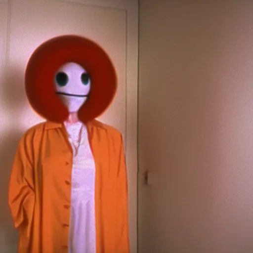 Prompt: still from a 1994 arthouse film about a depressed woman dressed as an inflatable smiley who meets a handsome younger man in a seedy motel room, color film, 16mm soft light, weird art on the wall