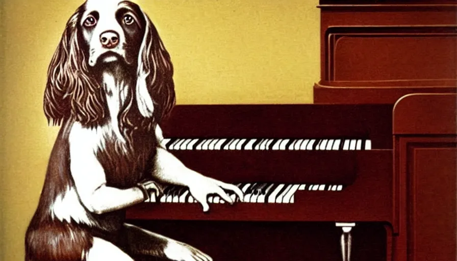 Prompt: a brown sprocker Spaniel playing piano. Artwork, classic, famous, style of Cassius Marcellus Coolidge.