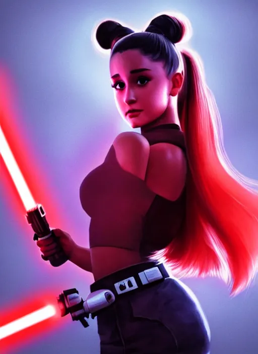 Image similar to Photo of Ariana Grande with a red lightsaber, Star Wars concept art, trending on artstation, dramatic lighting, photo-realistic