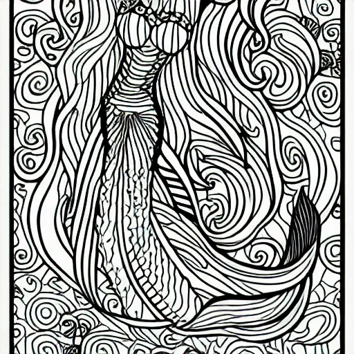 Prompt: Drawing of a mermaid in the sea childish style, highly detailed, vector svg digital painting for coloring book.