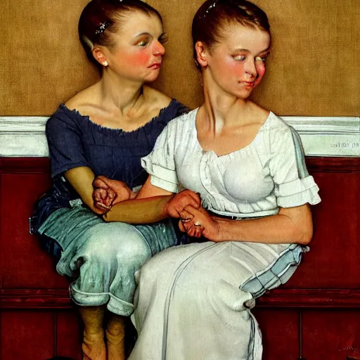 Image similar to high quality high detail painting by norman rockwell, hd, two beautiful young women are conjoined twins, photorealistic lighting