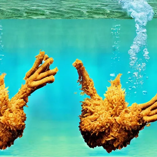 Prompt: fried chicken, splash underwater! photoshop edit, golden ratio