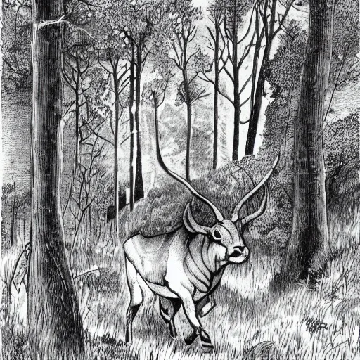 Image similar to an aurochs walking though a forest. illustration. nature illustration. textbook illustration.