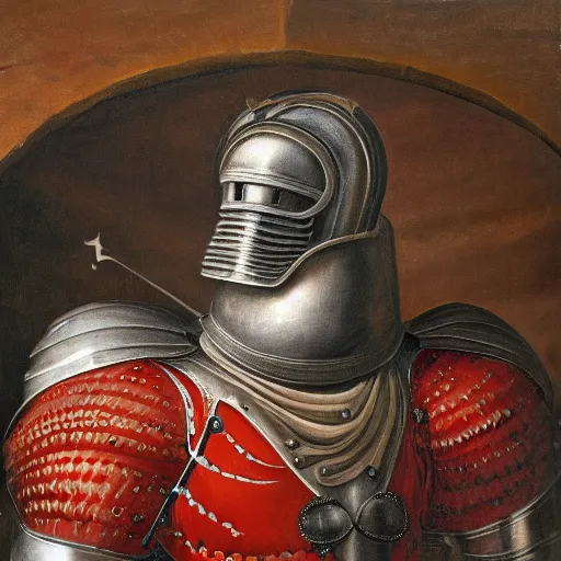 Image similar to a realistic painting by Raffaello Sanzi depicting the knight in shining armor with the head of the symbiotic Venom in the Renaissance.