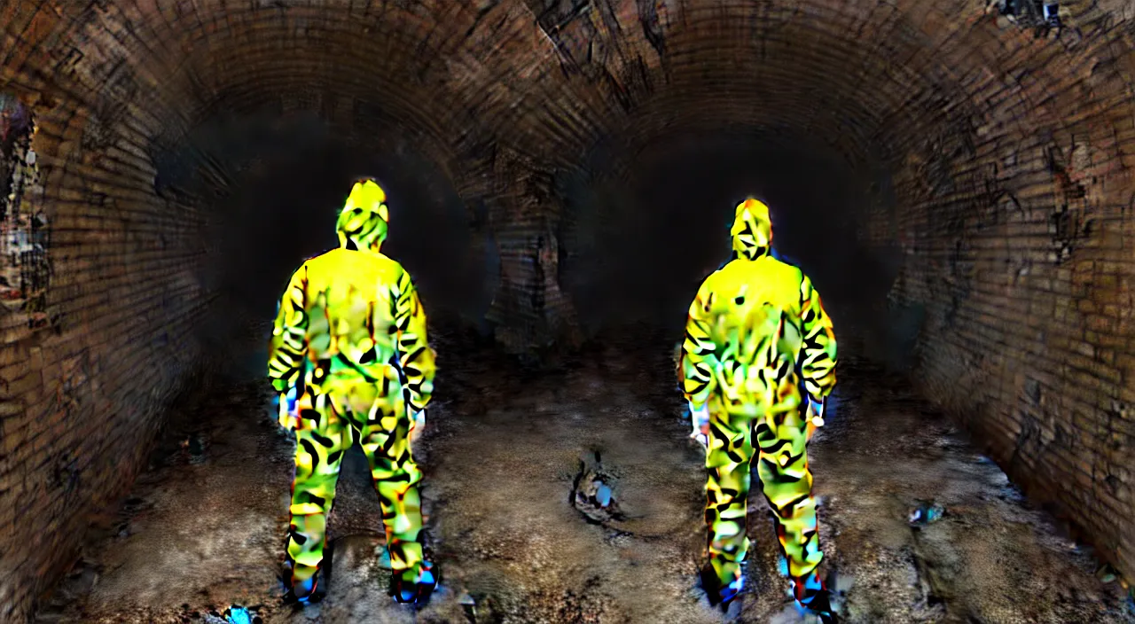 Image similar to a single man in hi viz hazmat suit wanders around a crumbling victorian london sewer, stunning render, high octane, 3 d, cinematic lighting