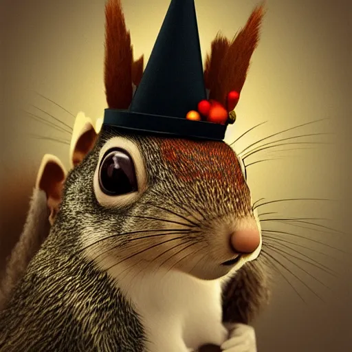 Image similar to a squirrel with a party hat on its head, hyperdetailed, artstation, cgsociety, 8 k