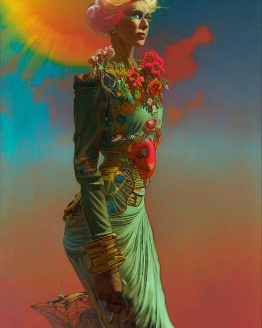 Image similar to rainbow flowerpunk portrait of a strict matriarch, on an aircraft, by paul lehr, beksinski, jesper ejsing, alphonse mucha