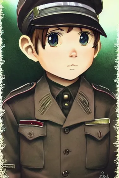 Image similar to beautiful little boy in nazi male uniform. made in abyss art style, sharps focus, cute detailed artwork, anatomically correct, ilya kuvshinov, reflection, perfect composition, wallpaper mobile, digital art, detailed anime soft face, symmetrical face, western comic, illustration, realistic, nazism, smooth, lois van baarle, soft details