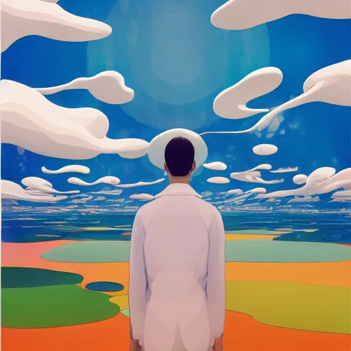 Image similar to a man walking on clouds away from the camera above a lake by takashi murakami, beeple and james jean, aya takano color style, 4 k, super detailed, modern, 4 k, symmetrical