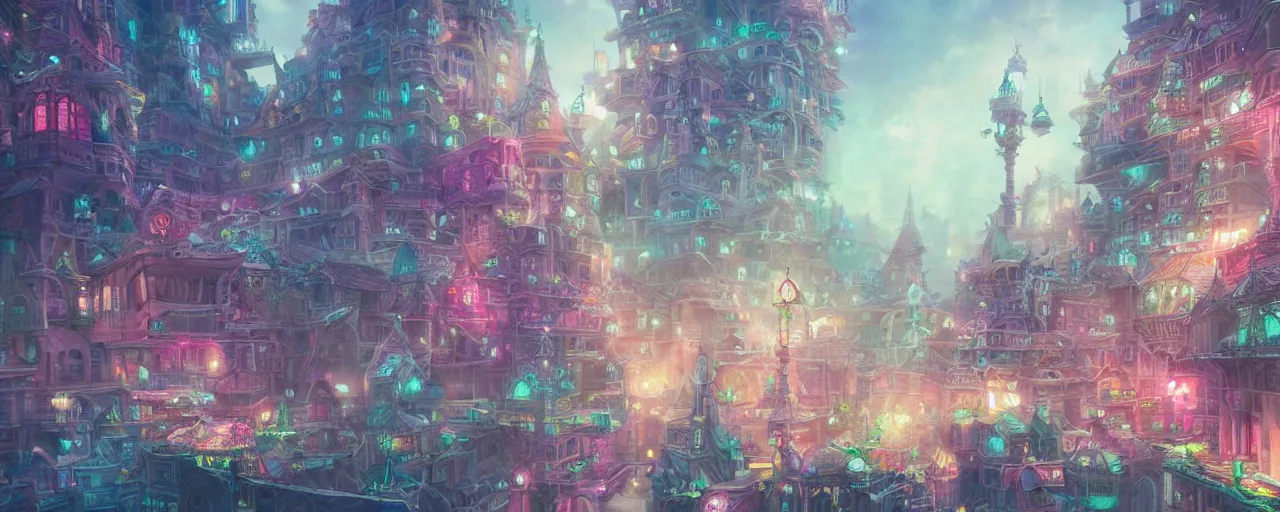 Image similar to detailed concept art illustration colorful pastel painting of a magical fantasy city in full intricate detail, ultra detailed, digital art, octane render, 4K, dystopian, micro details