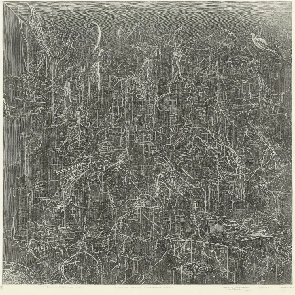 Prompt: An engraving by Max Ernst of a datacenter, computers, ethernet cables, smoke, and birds, 1929