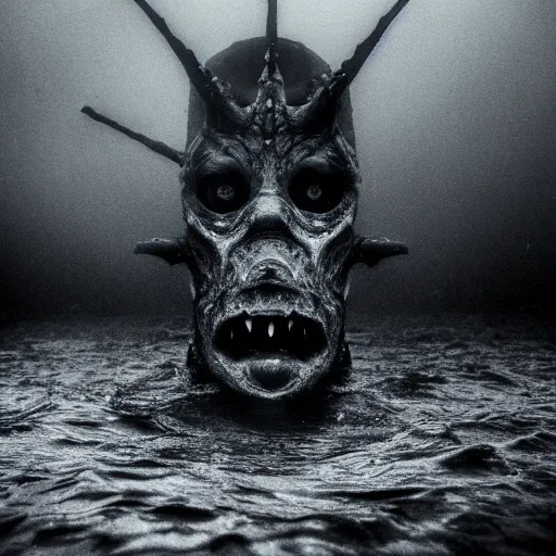 Image similar to sea monster, wide angle, pov underwater, pale skin, dark, foggy water, dramatic,'silent hill ', big eyes, terrifying, horrific, cinematic