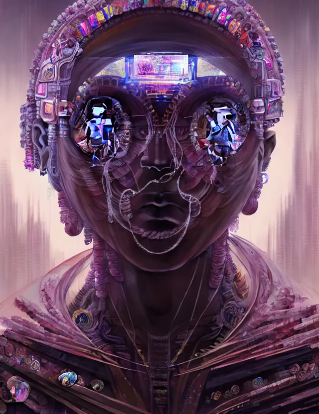 Image similar to a epic sakyamuni, the founder of buddhism in cyberpunk style temple, dystopian, cyberpunk, organic fractal mycelum and fungi, mecha, halfturn portrait of a big crystal face made of crystals half - turn, ominous, intricate, studio, art by anthony macbain + greg rutkowski + alphonse mucha, concept art, 4 k, sharp focus