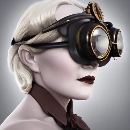 Prompt: portrait still of a young marlene dietrich wearing steampunk goggles, photorealistic, 4 k, octane render, by wayne barlow, alphonse michael,