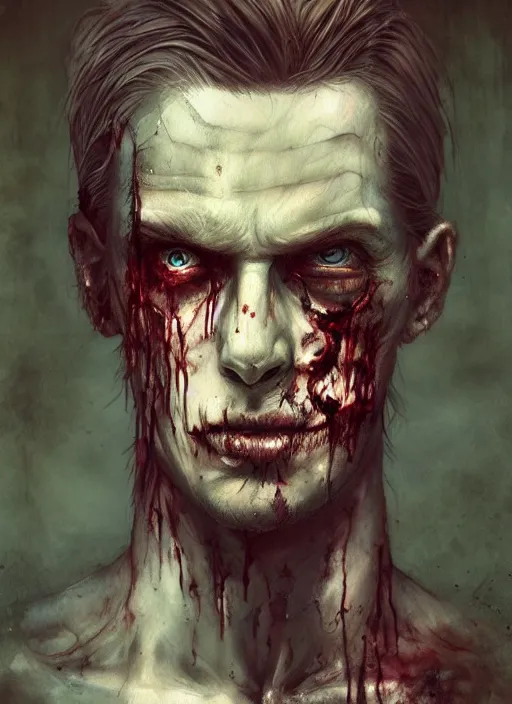 Prompt: decrepit male zombie character portrait, lean face, cinematic lighting, hyper - detailed, 4 k, high resolution, in the style of charlie bowater, tom bagshaw, single face, symmetrical, headshot photograph, insanely detailed and intricate, beautiful, elegant, watercolor, cinematic, portrait, raphaelite, headroom, pierre - auguste renoir