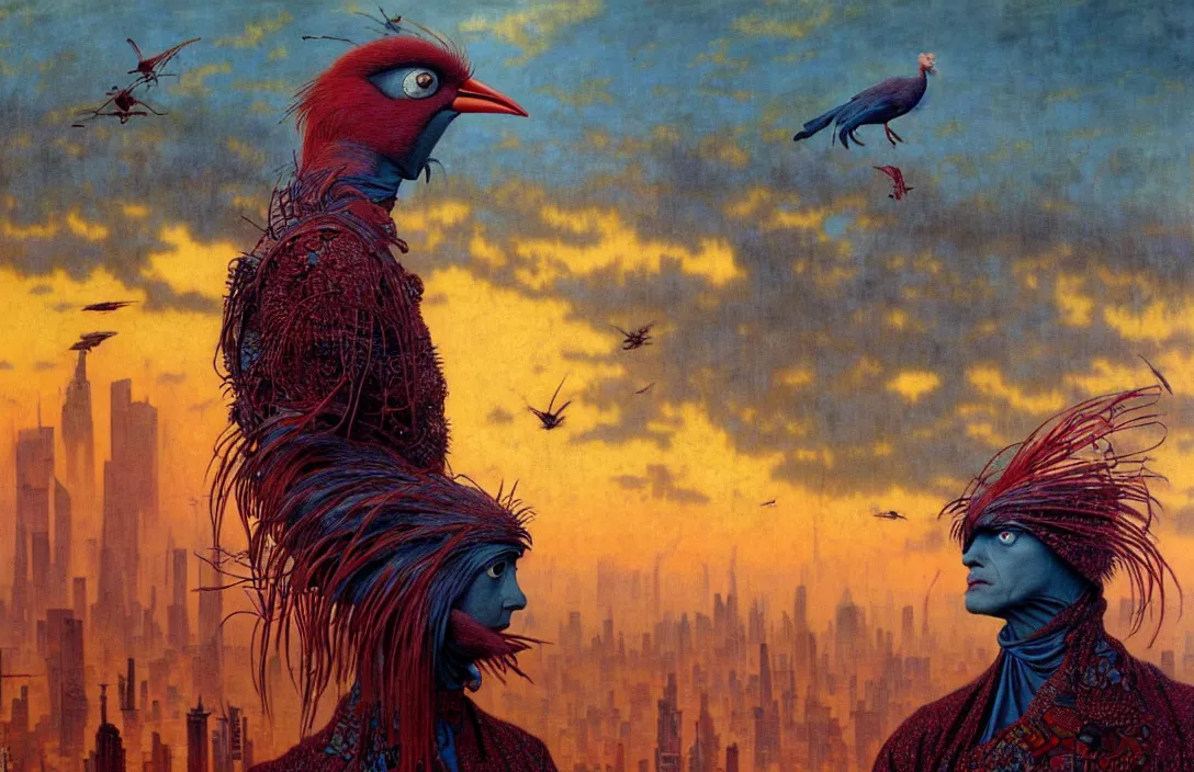 Image similar to realistic detailed portrait movie shot of a birdman wearing dark ragged robes, futuristic city sunset landscape background by denis villeneuve, amano, yves tanguy, alphonse mucha, ernst haeckel, max ernst, wayne barlowe, masterpiece, rich moody colours, bird head, blue eyes, hyperdetailed