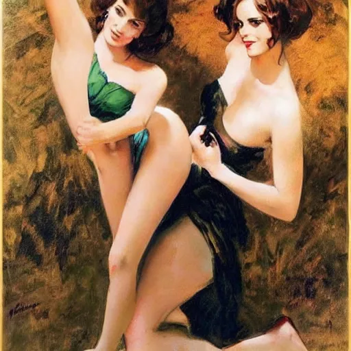 Image similar to frank frazetta painting of christina hendricks and emma watson