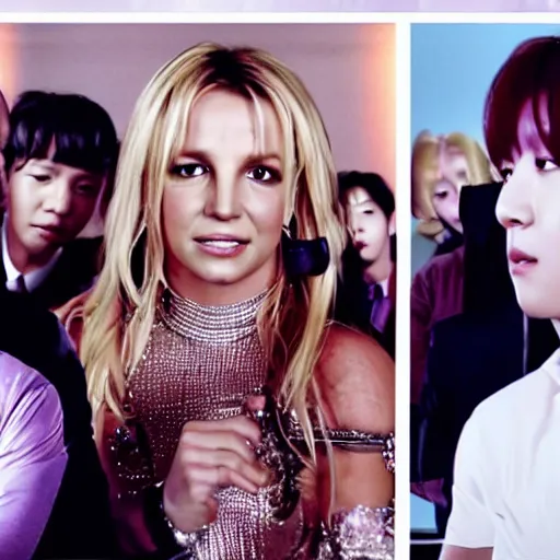 Image similar to cinematic still of britney spears in the office costarring with the kpop group bts