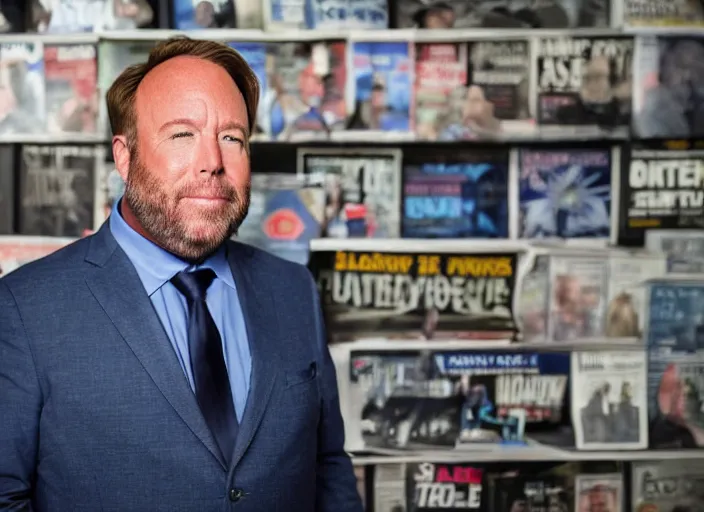 Image similar to dslr photo still of infowars host alex jones in a blue suit fat grey beard and mustache in a!!! room filled to the ceiling with newspapers!!!, 5 2 mm f 1. 8