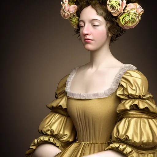 Image similar to 8k, octane render, realism, tonalism, renaissance, rococo, baroque, portrait of a young lady wearing ruffle sleeve dress with flowers and skulls looking to the side background chaotic gold leaf flowers