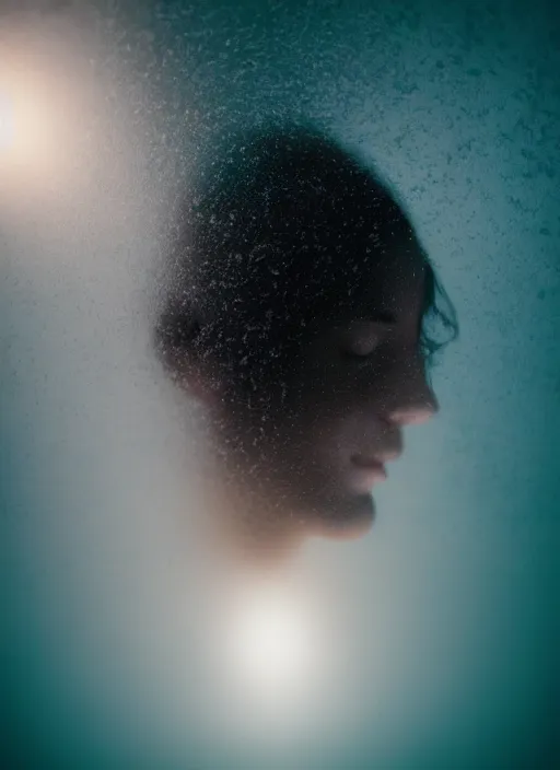 Image similar to crystallized human silhouette, large diffused glowing aura, long exposure, film grain, cinematic lighting, concept art, maximum detail, cgsociety, underwater, reflections