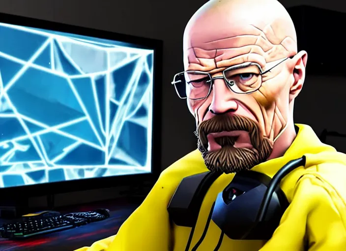 Image similar to realistic gamer walter white in real life on a gaming chair playing fortnite on his gamer pc